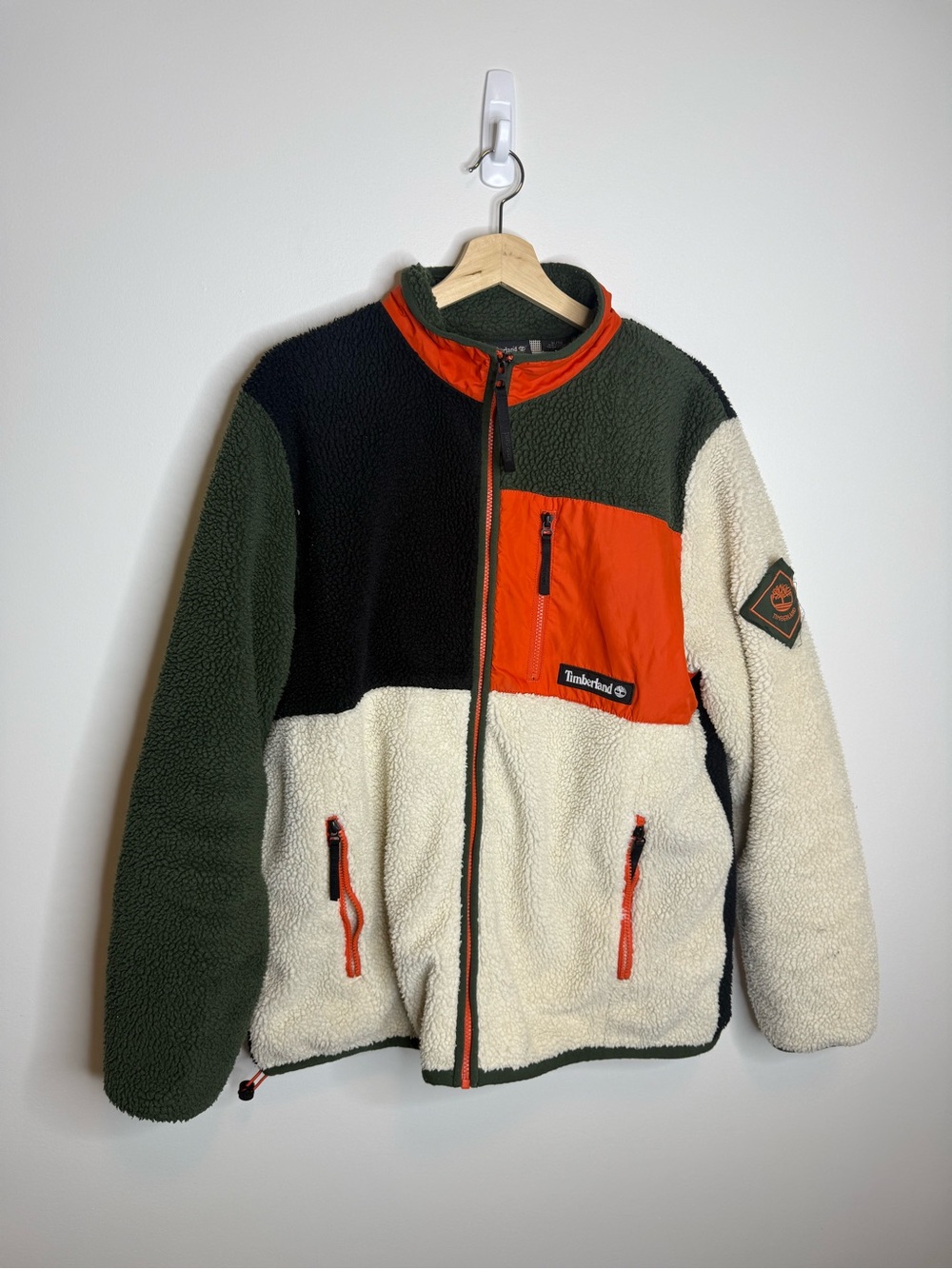 Timberland Colorblock Sherpa Jacket - Olive, Cream & Orange Trim